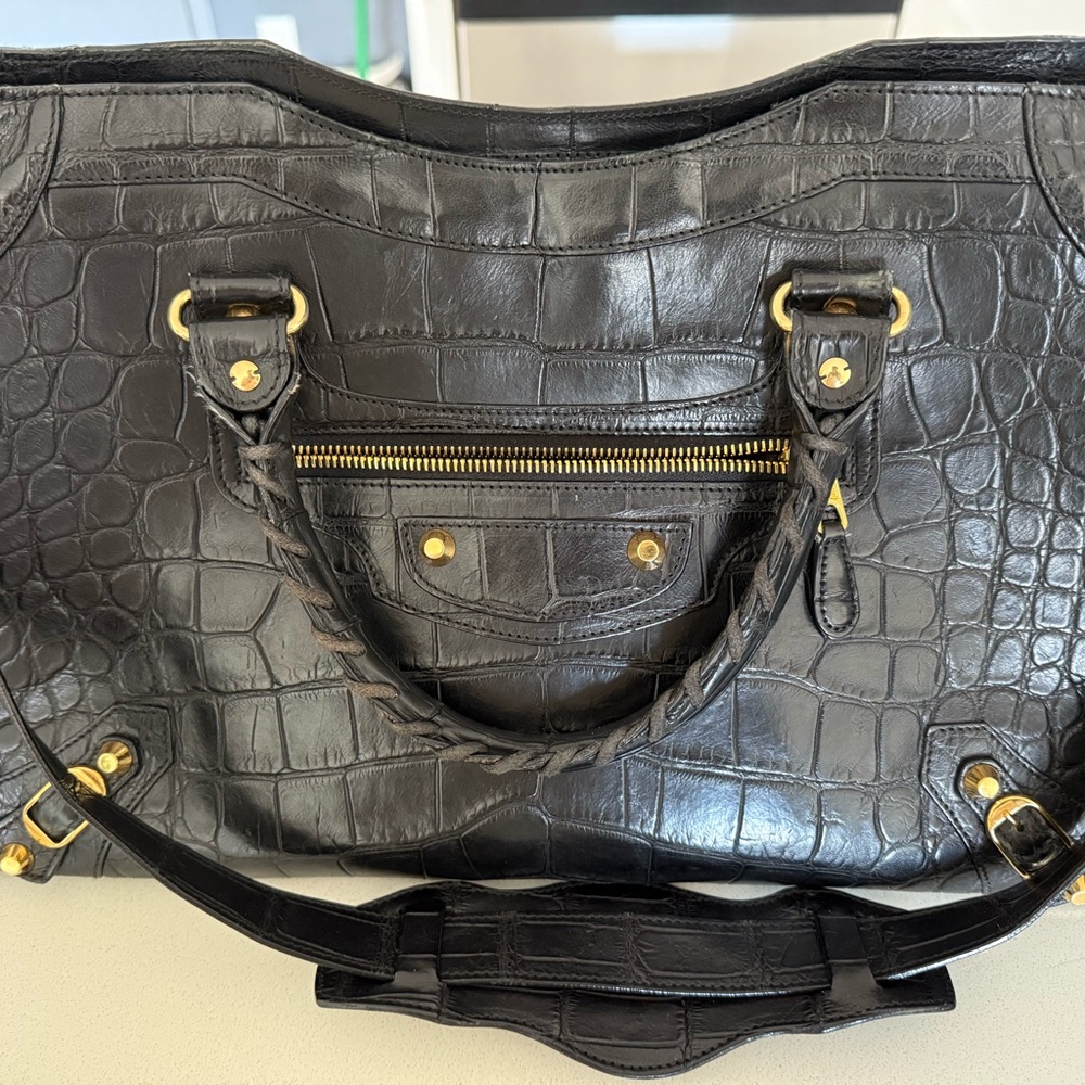 Balenciaga Black Embossed Bag with Gold Accents